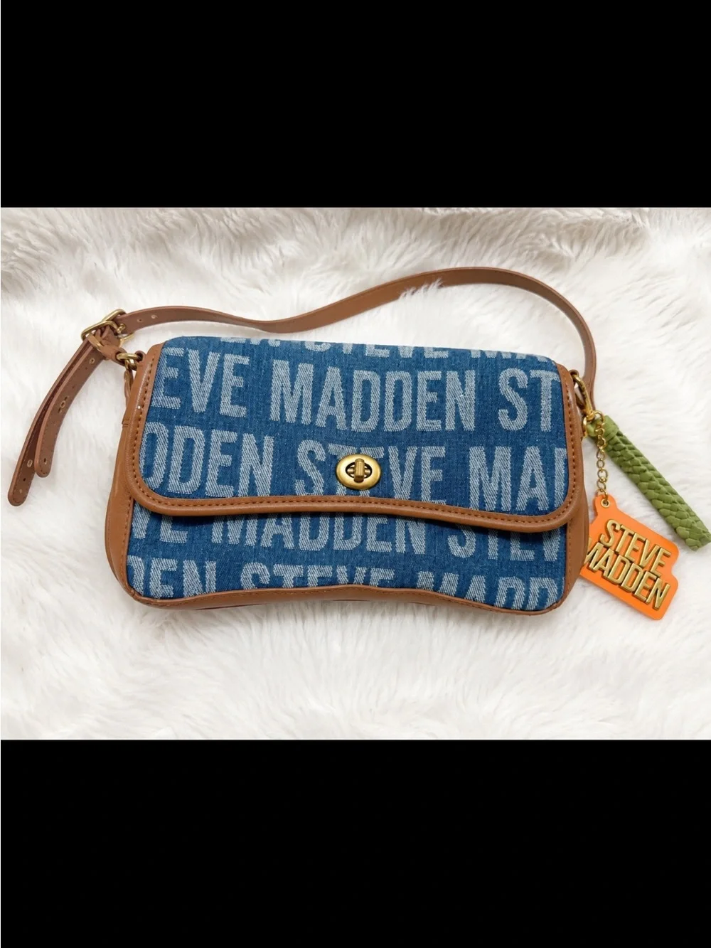 Steve Madden Blue Logo Denim Crossbody with Tan Trim and Orange Charm